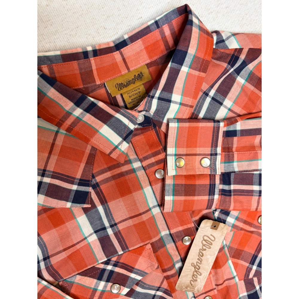 Wrangler Womens Orange Plaid Western Snap Shirt‎ Long Sleeve Small 112344676